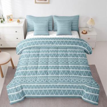 Imagem de Erosebridal Conjunto de cama Queen Asteca Ocidental, Triângulo étnico, boêmio, exótico, tribal, geométrico, azul-petróleo, para meninos, crianças, adultos, vintage, boêmio, listras, cama em uma bolsa