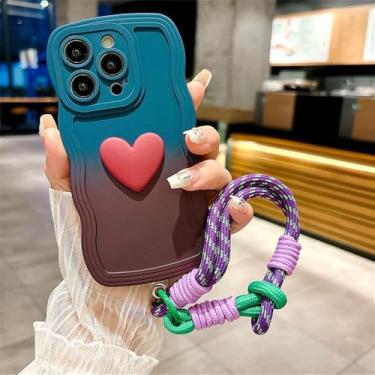 Imagem de Capa com estampa de ondas degradê e coração para iPhone 16 Pro Max, 15 Pro, 14 Plus, 13 Pro Max, 12, 16, 11, XS, X, XR, com alça de pulso, azul e vermelha, para iPhone 15.