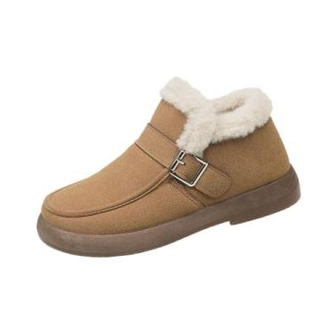 Imagem de Botas de esqui femininas modernas, casuais, de inverno, forradas com lã, bico redondo, botas de cano curto, Caqui, 36