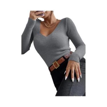 Imagem de Blusa Feminina De Tricô Canelado Com Decote V E Listras, Manga Longa, 