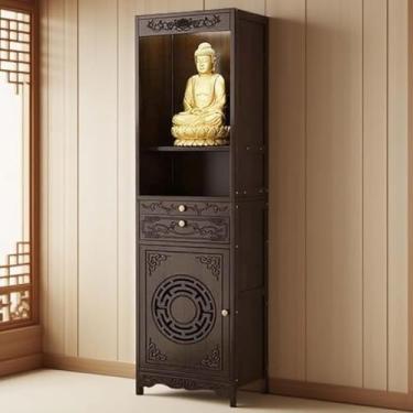 Imagem de Mesa de altar de Buda de bambu com armazenamento, armário de santuário de meditação pessoal, nicho sacrificial chinês para sala de estar - Design compacto de 35 cm