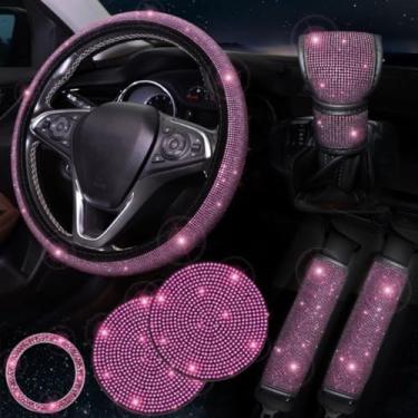 Imagem de Conjunto de Acessórios Automotivos 7 Peças - Capa de Volante com Strass Brilhante e Capas de Cinto de Segurança, Decorativo e Protetor (Rosa vermelha,38cm)