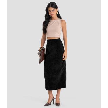 Imagem de Saia Midi Feminina em Tricot Glow Shine Dianna Preto, G, Preto