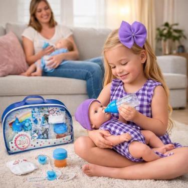 Imagem de Kit Cuidados com Bebê azul Acessórios para Boneca Fralda Mamadeira mág