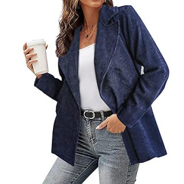 Imagem de Blazer feminino de cor sólida para trabalho jaqueta, cardigã de veludo cotelê, jaqueta, roupa de trabalho, frente aberta, manga comprida, casual, ternos slim fit, azul marinho, P