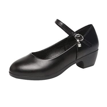 Imagem de Sandália salto para mulheres sapatos sapatos salto dedo do pé moda rasa pequeno único meio primavera couro redondo preto sapatos casuais femininos (preto, 37)