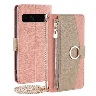 Imagem de PuRoxx Capa transversal para Google Pixel 8/Google Pixel 8 Pro, capa de couro com padrão de lichia, capa carteira feminina com suporte para cartão de crédito e mini espelho, rosa, Pixel 8 Pro