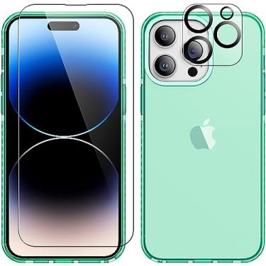 Imagem de ROYBENS Capa transparente para iPhone 15 Pro, capa de telefone com protetor de tela de vidro + acessórios protetores de lente de câmera para mulheres meninas, capa protetora fina de silicone fofa para 15 Pro de 6,1 polegadas, verde