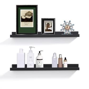 Imagem de Prateleiras flutuantes pretas para parede, prateleiras de parede de 61 cm com borda moderna, prateleira de borda, suporte de parede, prateleiras de fotos, prateleiras de livros suspensas, conjunto de