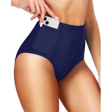 Imagem de Tempt Me Calcinha de biquíni feminina de cintura alta, cobertura total, controle de barriga, com bolsos, Azul marinho, P