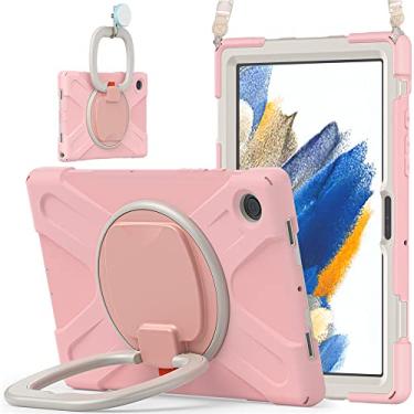 Imagem de Capa de rotação 360 para Samsung Galaxy Tab A8 10,5 polegadas, capa resistente, suporte de anel, alça de ombro, alça de mão, resistente, para crianças, adultos, ao ar livre, rosa