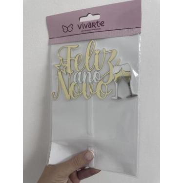 Imagem de Topo Topper de Bolo Acrílico Réveillon Feliz Ano Novo Branco/Dourado/P