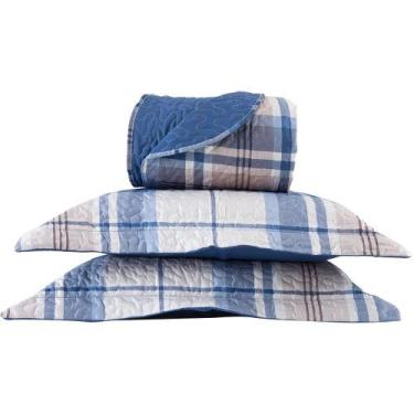 Imagem de Cobre Leito Queen Naturale 3 Peças 200 Fios Xadrez Conforto, Azul/Bran