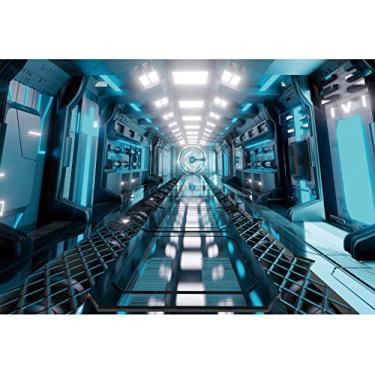 Imagem de DORCEV Fundo interior de nave espacial de 3 x 2 m para fotografia, tema de ficção científica, faixa de fundo para crianças, meninos, artigos de festa de aniversário, nave espacial azul, decoração de