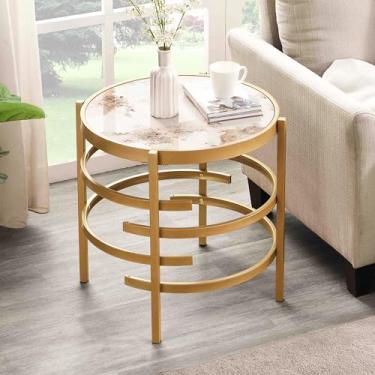 Imagem de LifeSky Mesa de canto dourada em mármore – Mesa lateral redonda com moldura de metal circular – Pequenas mesas de canto circulares modernas para sala de estar quarto escritório