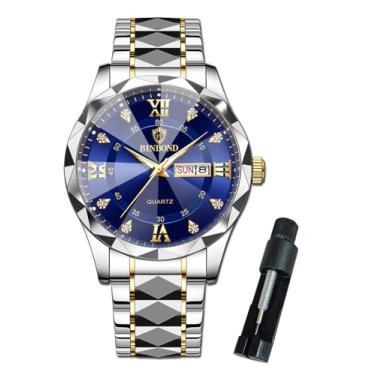 Imagem de BINBOND Relógio de pulso masculino diamante grande aço inoxidável luxo vestido de negócios data dia relógio de pulso à prova d'água luminoso, Dourado, azul, relógios masculinos