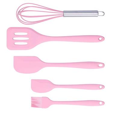 Imagem de Espátula de silicone, espátula de cozinha, 5 peças de grau alimentício, antiaderente, pode ser lavada na lava-louças para casa (traje rosa de cinco peças)