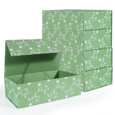 Imagem de LFBOX Caixa de presente de folhas verdes com tampas magnéticas 35 x 21 x 11 cm, grandes caixas de pedido de dama de honra, caixa de armazenamento retangular decorativa de casamento, pacote com 5