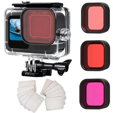 Imagem de Caixa à prova d'água FitStill de 60 m para Go Pro Hero 13/Hero 12/Hero 11/Hero 10/Hero 9 preta, capa protetora para mergulho subaquático com 3 filtros Hero 13/12/11/10/9 kits de acessórios