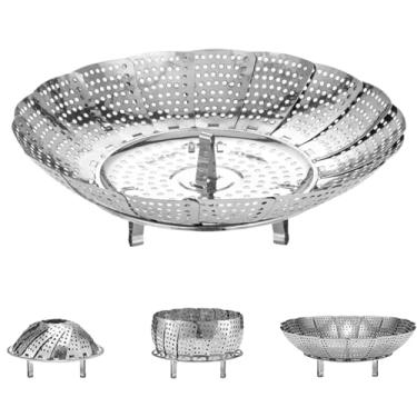 Imagem de Cesta de vaporizador de vegetais para panela, vaporizador de vegetais dobrável de aço inoxidável de 27,4 cm com orifícios, vaporizador expansível para cozinhar para várias panelas, cesta de
