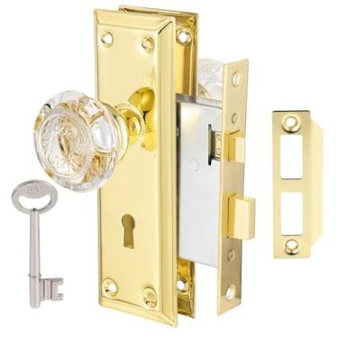 Imagem de ToPToToo Conjunto de fechadura de porta interna, porta interna de vidro de cristal, substituição de maçaneta de porta de estilo antigo, fechadura de porta vintage antiga com chave de esqueleto,