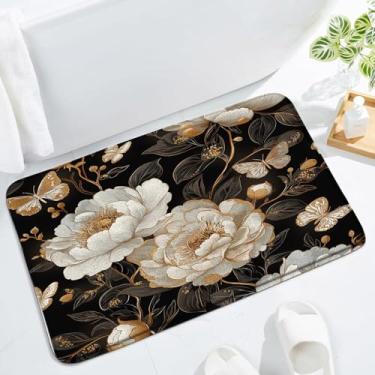 Imagem de Tapete de banho floral dourado preto vintage rosas escuras peônia flor borboleta rústica retrô boho floral botânico estética chique planta folhas tapete para cozinha banheiro