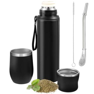 Imagem de Dandat Conjunto de 2 copos e garrafas a vácuo de erva-mate, kit de erva-mate, 350 ml, conjunto de copos e bombilla de erva-mate de 350 ml, garrafa térmica de aço inoxidável com escova de limpeza para viagens (preto)