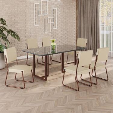 Imagem de Conjunto Sala De Jantar Mesa 160x90cm Base Lunna Tampo Mdf Laca Com Vidro Napoli Creme - Marrom