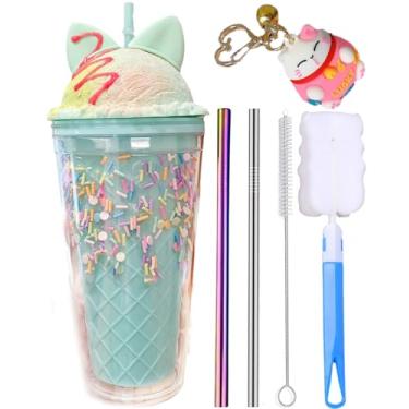 Imagem de seelucky Copo de viagem de sorvete com canudo para festa de gelo, copo de café, bolha, chá, presente de aniversário (sorvete laranja b, 450 ml)