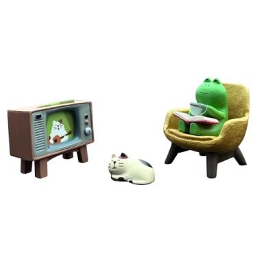 Imagem de ELVRLA Miniature Frog Figurine Statue, Help Relax Enjoying Tea Time Mini Frog Cat Collection Desk Ofiice Bedroom Decor, Healing Heart Good Mood Indoor Home Decorations with Gift Box -Watching TV