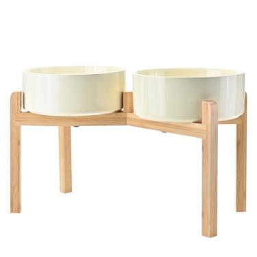 Imagem de SPUNKYJUNKY Tigelas elevadas de cerâmica para cães, 21 cm, para alimentos, água, elevadas com suporte de bambu antiderrapante, para raças grandes, seguras para micro-ondas e lava-louças, 1,701 g, bege