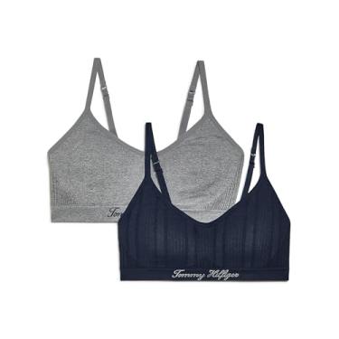 Imagem de Tommy Hilfiger Sutiã feminino de malha levemente forrado sem costura, pacote com 2, Cinza mesclado/Sky Captain, P