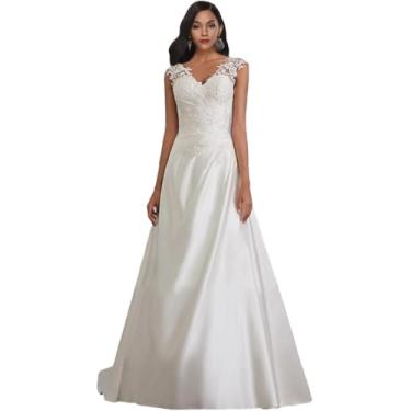 Imagem de Vestidos De Noiva Brancos Nupcial - Temperamento Cor Sólida Costura De Renda Ombros Largos Vestido De Noiva, Vestidos De Noite, Sexy Back Backless Zipper Vestido De Noiva Longo Prom, White, L