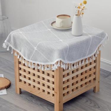 Imagem de YZKITM Toalha de mesa redonda pequena de linho de algodão 61 cm, boho, sem rugas, lavável, xadrez, com borlas, cinza, toalha de mesa rústica, pesada, para mesas de cabeceira, sala de jantar, casamento