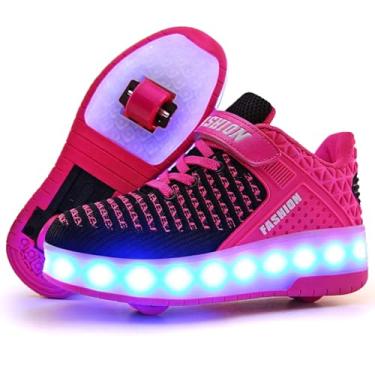 Imagem de Tênis de skate infantil Ylllu com LED USB para carregar, tênis com roda, tênis recarregável para meninas, meninos e crianças, A99-rose, 4 Big Kid