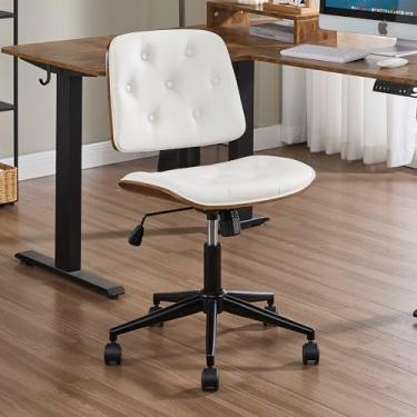 Imagem de VipDesk Pequena cadeira de escritório em casa – Cadeira de mesa sem braços com encosto médio e rodas giratórias de 360°, cadeira de computador de nogueira moderna estofada de poliuretano ajustável
