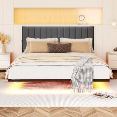 Imagem de JUISSANO Estrutura flutuante de cama completa com luzes LED e estação de carregamento, estrutura de cama de plataforma de metal tamanho completo com cabeceira estofada, sem necessidade de mola box