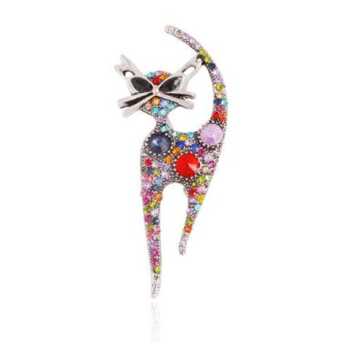 Imagem de Broche Pin Hebelee Vintage Rhinestone Cat banhado a prata