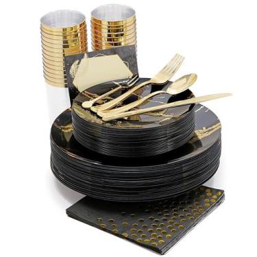 Imagem de Conjunto de louças descartáveis N9R Black Gold 225 unidades para 25