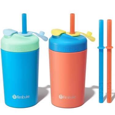 Imagem de Fimibuke Copos infantis e infantis com canudo, copos de 293 ml à prova de derramamento para crianças, copos infantis isolados de aço inoxidável com tampas torcidas e canudos de silicone com tampa para