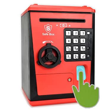Imagem de Litpggy Cofre para crianças com senha de impressão digital, caixa eletrônico, cofrinho para dinheiro real, presente de brinquedo para meninos e meninas de 5 a 14 anos (preto/vermelho)