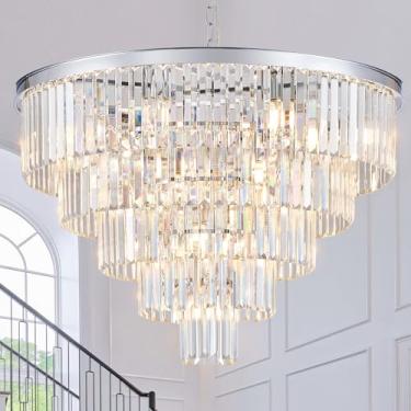 Imagem de CATINER Lustres grandes de cristal moderno cromado 76.2 cm lustre para hall de entrada escada luxo 5 níveis 16 luzes K9 pingente de teto luminária para sala de estar, sala de jantar, quarto