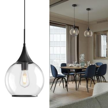 Imagem de HAHZT Luzes pendentes Ilha da cozinha: Luminária preta fosca casa de fazenda com vidro transparente - Globo de meados do século 25 cm luminárias de iluminação de cozinha teto para sala de jantar