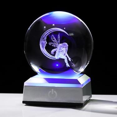 Imagem de Bola de cristal gravada em 3D presentes de fadas e lua para filha, esposa, esfera de vidro com base colorida de LED 7,5 cm, ideias de presentes para aniversário, Natal para mulheres, amantes de fadas