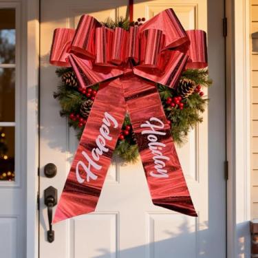 Imagem de Ailuka Laço Happy Holiday (76,2 cm, 1 pacote), laço de Natal - Grande laço de guirlanda vermelha para decoração de Natal, carro, presente, topo de árvore, decoração interna e externa.