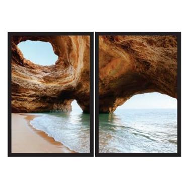 Imagem de Dois Quadros Decorativos Praia e Rocha 90x60 Sala Quarto Cor da Moldura:Preto