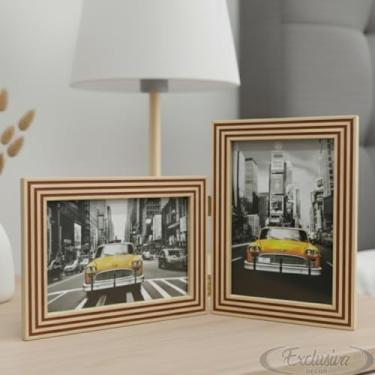 Imagem de Porta Retrato Duplo 10x15 Moldura Ripado Marrom Avermelhado e Bege Com Vidro