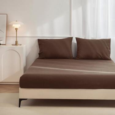 Imagem de JIYUAN Jogo de lençol Queen 100% algodão lavado, macio e respirável, macio e respirável, lençol com elástico alto (cabe em colchões de até 43 cm) + 2 capas, marrom chocolate