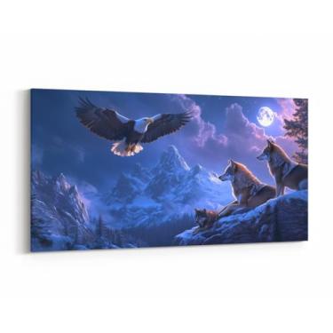 Imagem de Arte de parede estética Wolves Eagle, arte de parede em tela de animais selvagens da selva 3D para adolescentes adultos, montanha de neve natural, céu noturno e lua, pôsteres impressos para sala de