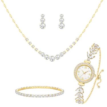 Imagem de NEWITIN Conjunto de 5 peças de joias de ouro de cristal para mulheres relógio colar pulseira brincos de zircônia cúbica brilhante conjuntos de joias de casamento para noivas dama de honra acessórios